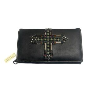 Montana West Black Studded Embroidered Cross Western Tri Fold Zip Long Wallet